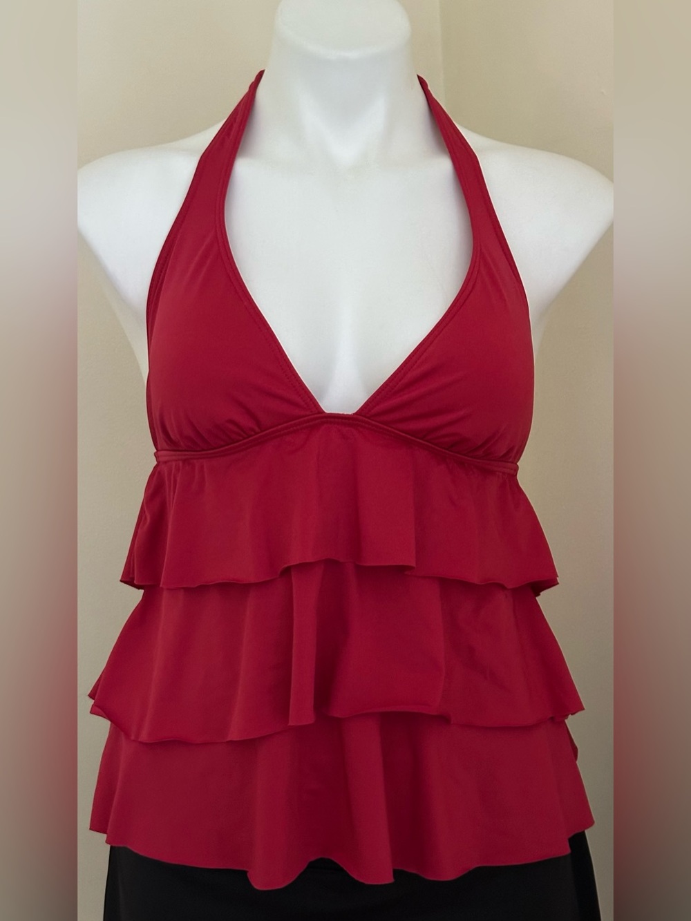KENNETH COLE Red Ruffle Halter Tankini Top Swimsuit Sz XXS